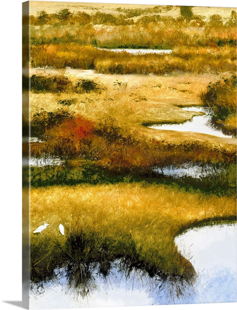 Contemporary painting of two seabirds feeding in a marsh.