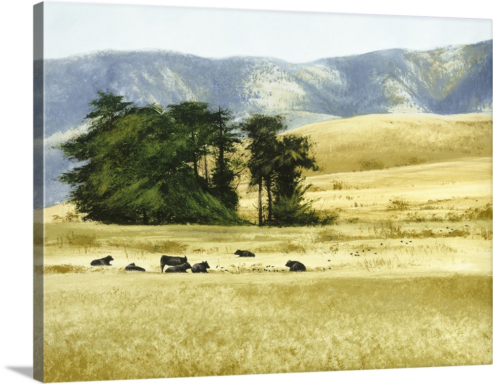 Contemporary painting of cows grazing and laying in a field in the foothills on the countryside.