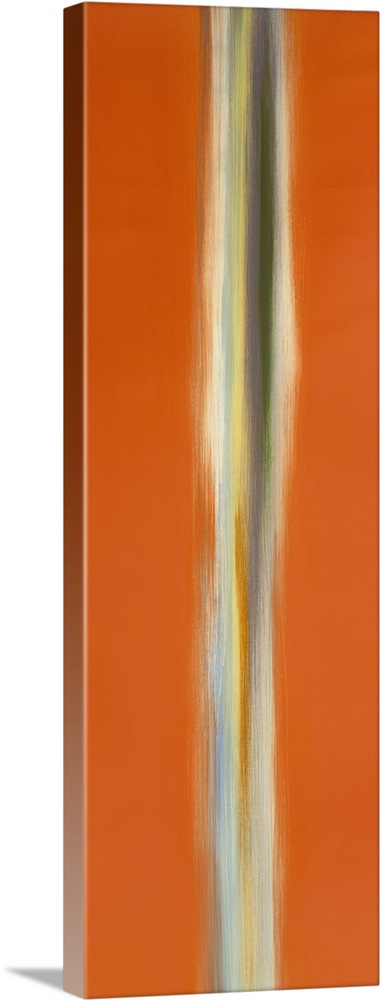 A tall vertical piece of abstract artwork that has orange on both sides with a neutral colored line down the middle.
