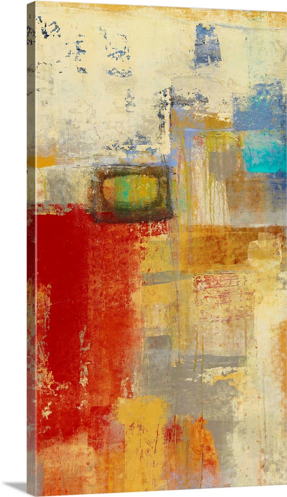 Contemporary abstract painting in bold shades of red and gold.