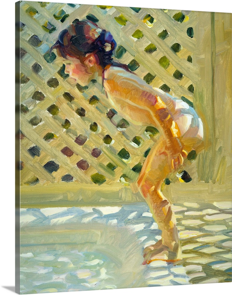 A contemporary painting of a little girl about to dive into a pool.