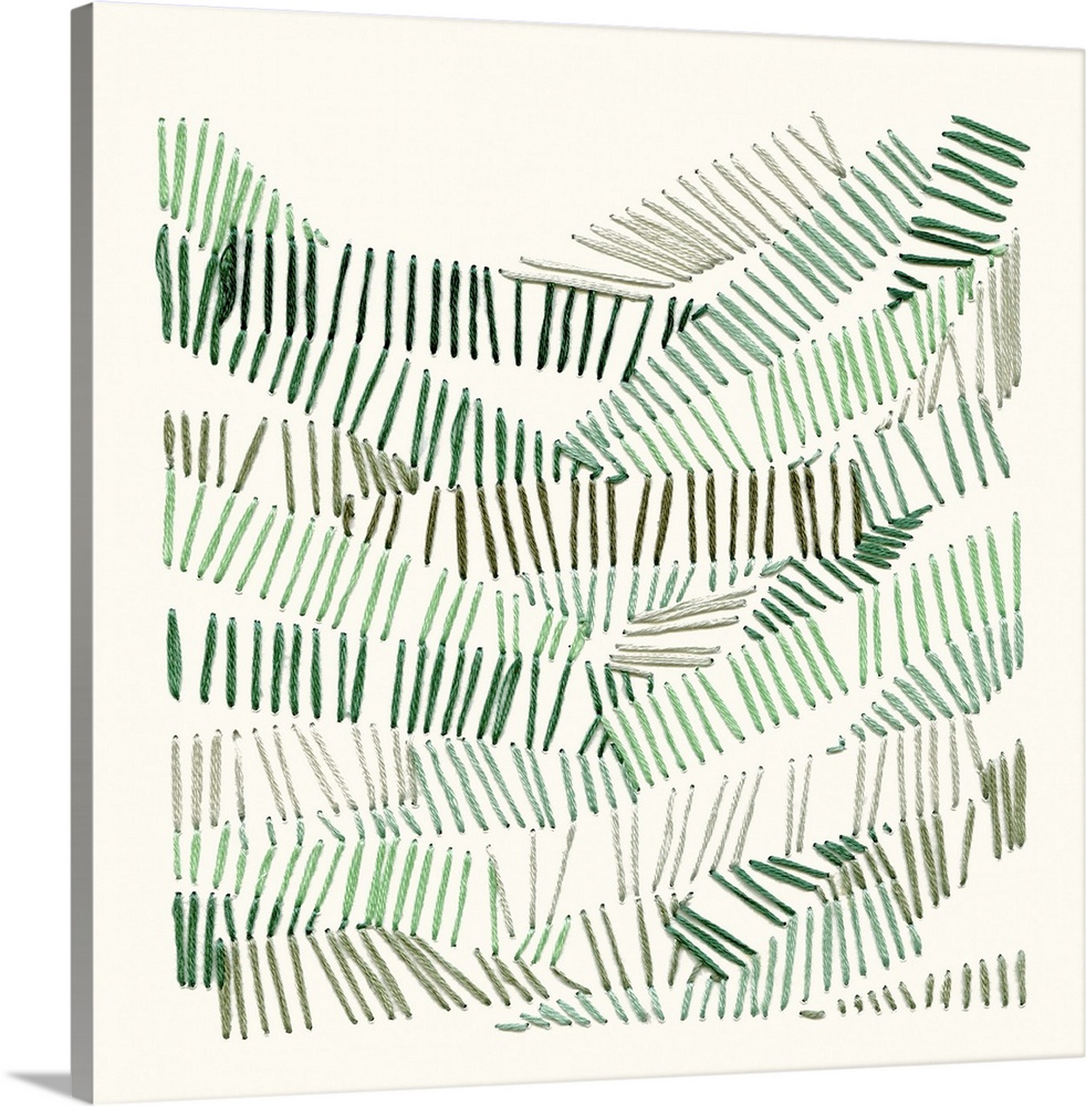 Square threaded art in a lined design in shades of green that resemble bike tracks, or blades of grass.