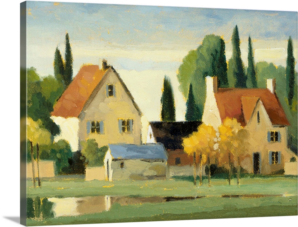 Small houses in the countryside in warm light.