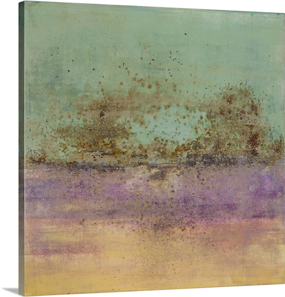 Square abstract painting with brown paint splatter in the center, a sea-foam green top, and a purple and orange bottom.
