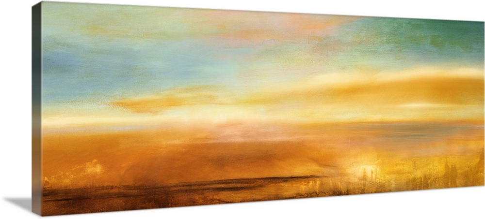 This contemporary piece consists of warmer tones throughout the piece and a blue, cooler sky above.