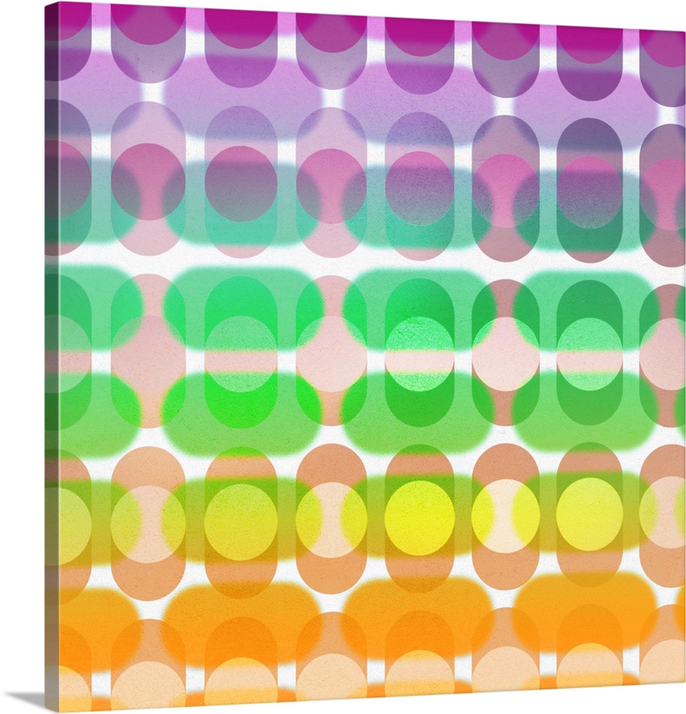Patterned abstract art using geometric oblong shapes and circles layered on top of each other in green, purple, orange, an...