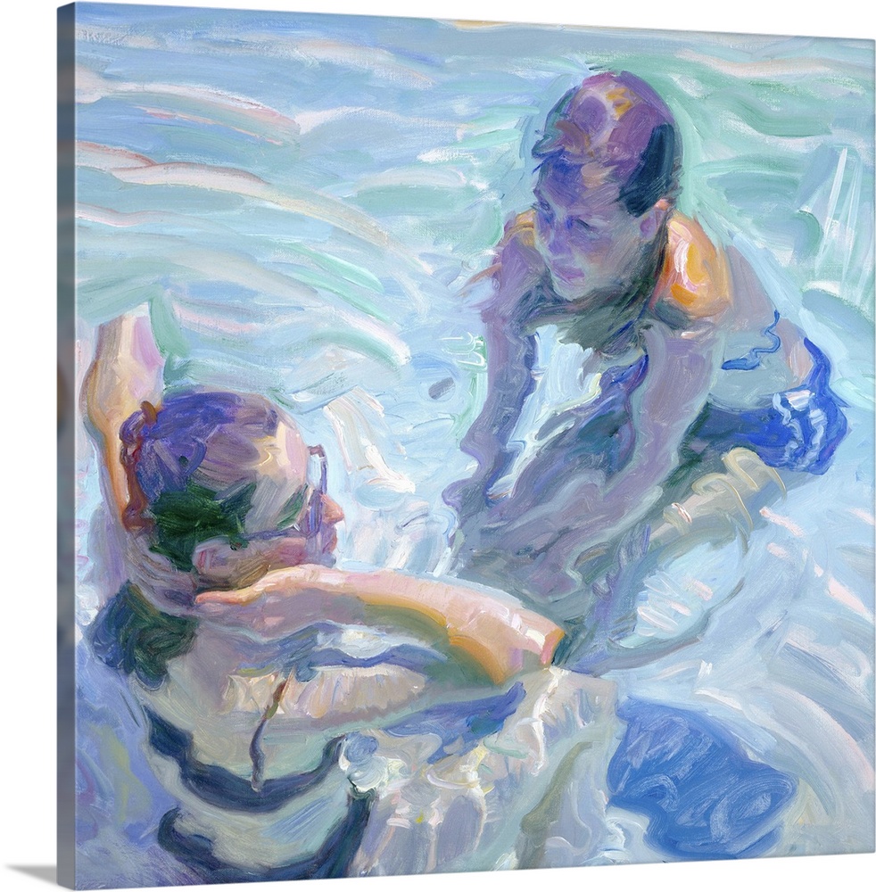 Painting of two young women floating in a pool.