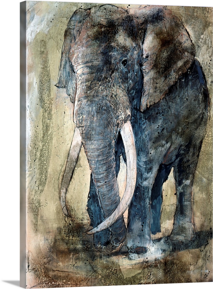 Portrait artwork on a big wall hanging of an adult elephant with large tusks, walking on a flat landscape.  The background...