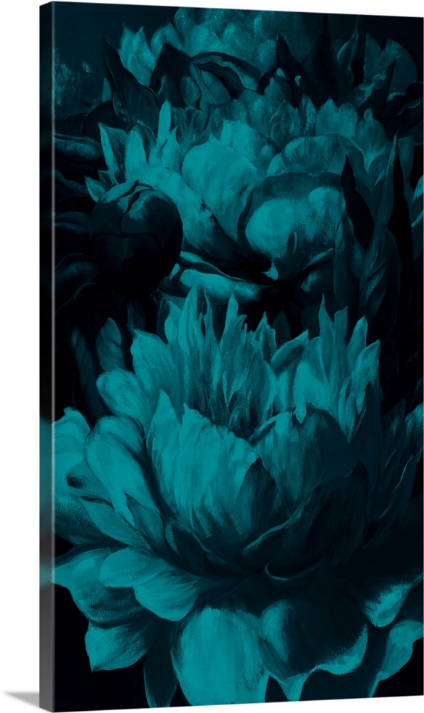 Contemporary painting of blue flowers on a black background.