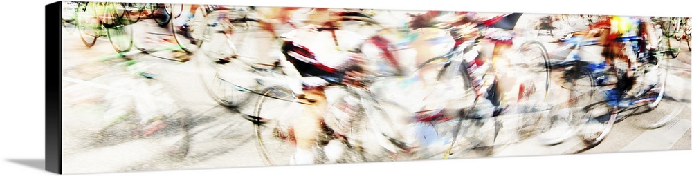 Long exposure panoramic photograph of bicycles.