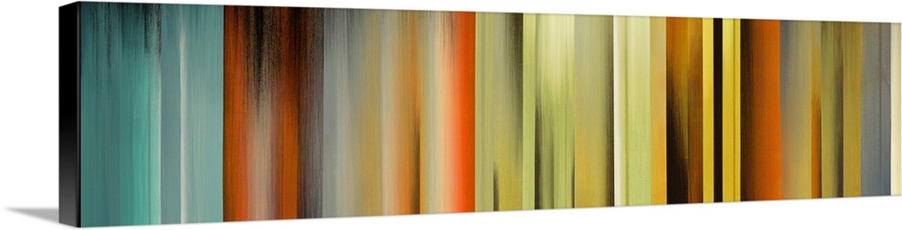 Panoramic abstract art incorporates vertical rectangles of varying widths with a wide range of different colors sheared wi...
