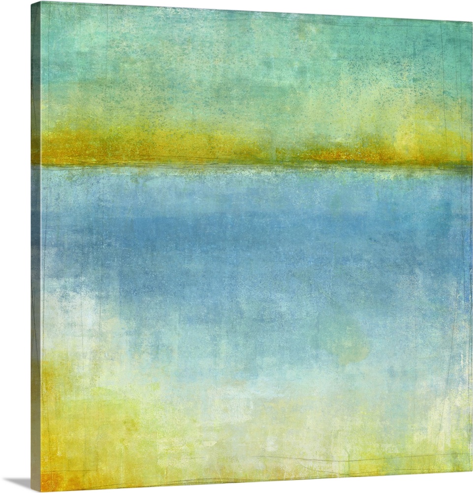 Abstract artwork resembling a lake and horizon in blue, yellow, and green shades.