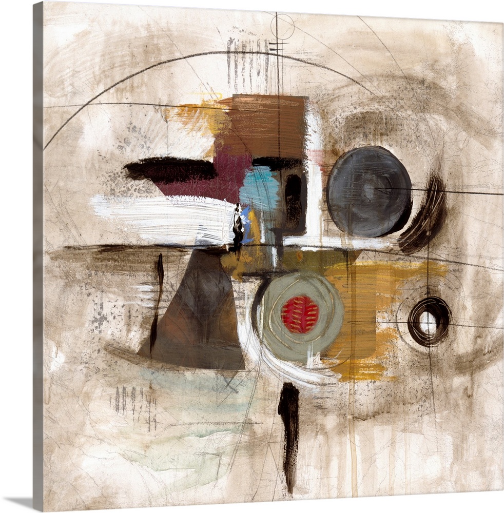 Abstract artwork with different designs and muted colors that are focused in the center of this piece.