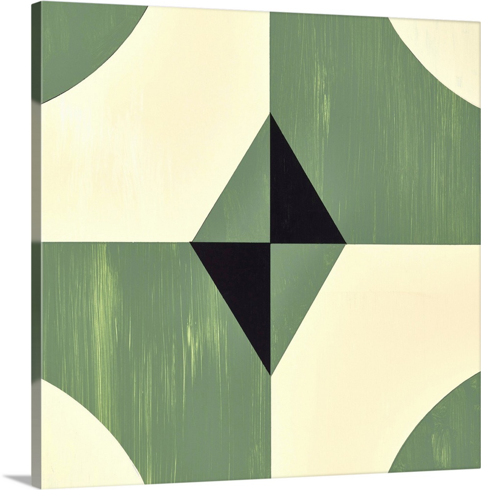 Square symmetric abstract painting using geometric shapes in shades of green, black, and cream.