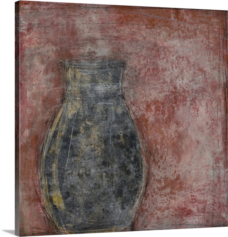 Still life painting of a vase on a red background with an aged texture overlay.