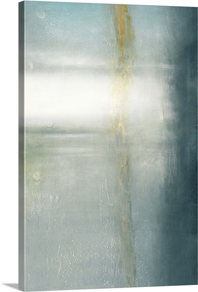 Contemporary abstract painting in soft blue shades with touches of white and yellow.