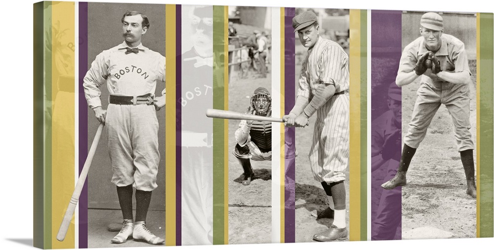 A composite of vintage photos of baseball players with color stripes overlaying.