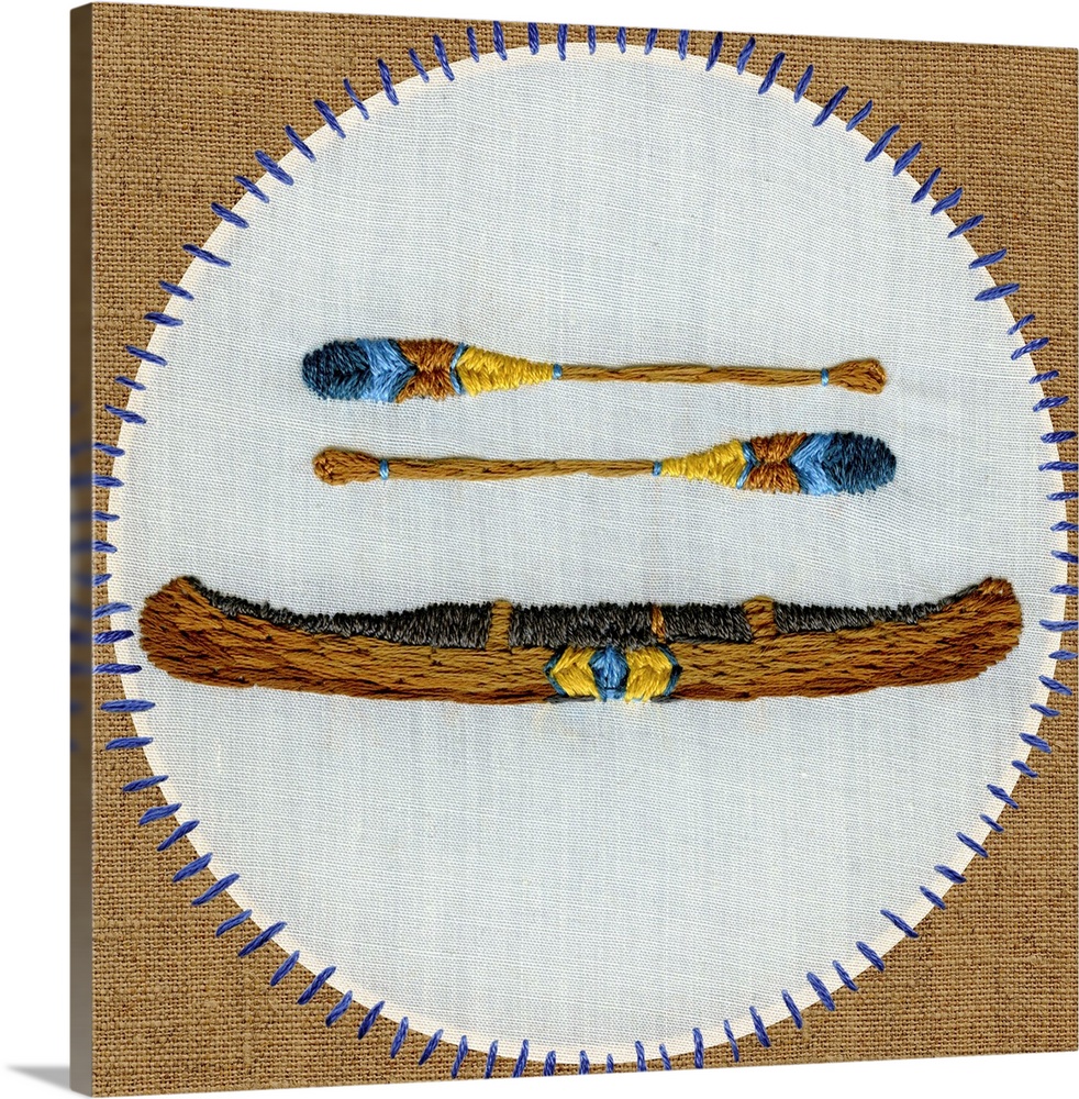 Contemporary embroidered artwork of a canoe sewn onto a white circle against a brown background.