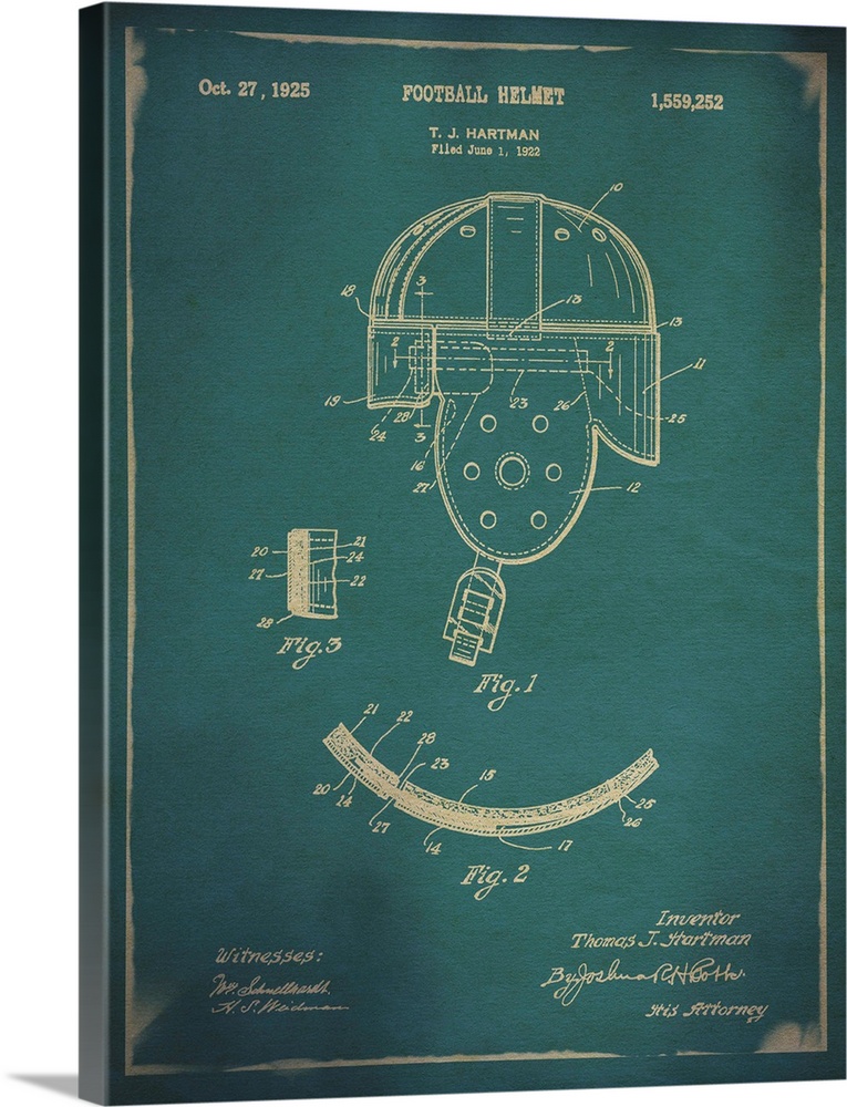 Blueprint diagram depicting the parts of a vintage football helmet.