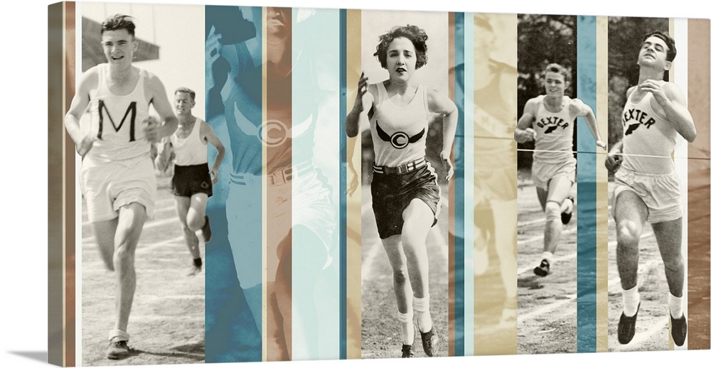 A composite of vintage photos of runners in track and field, with color stripes overlaying.