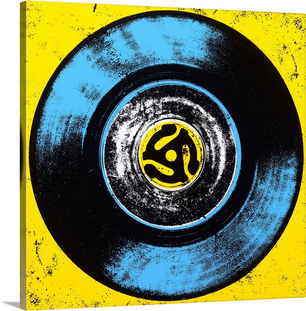 Contemporary pop art style artwork of a vinyl against a yellow background.