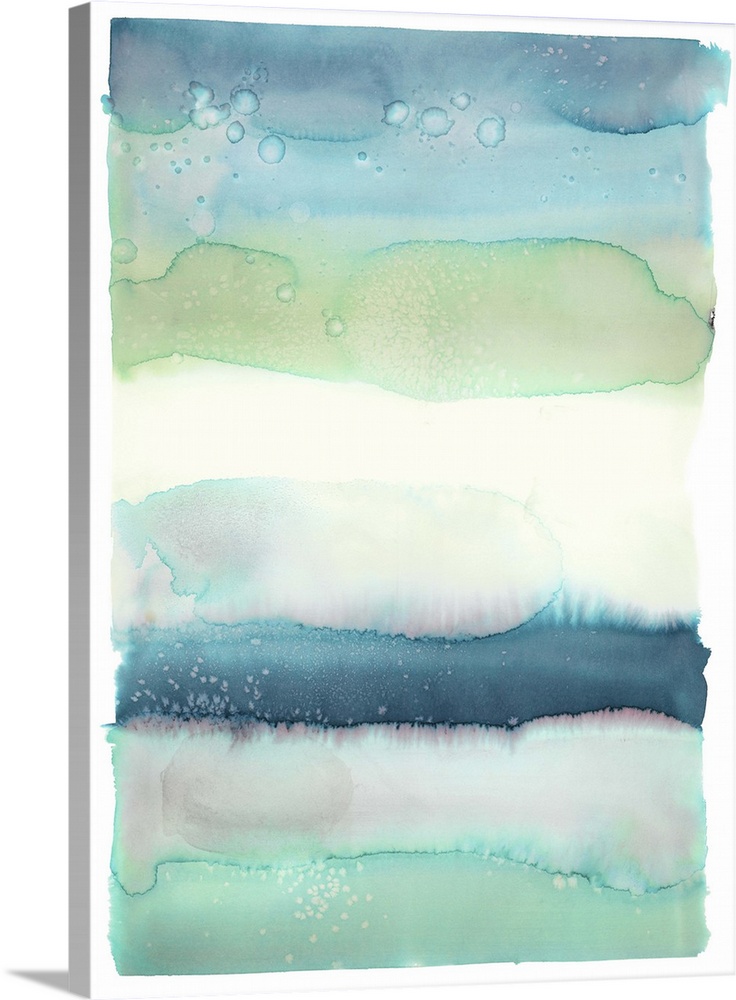 Blue, green, and white watercolor painting in horizontal layers.