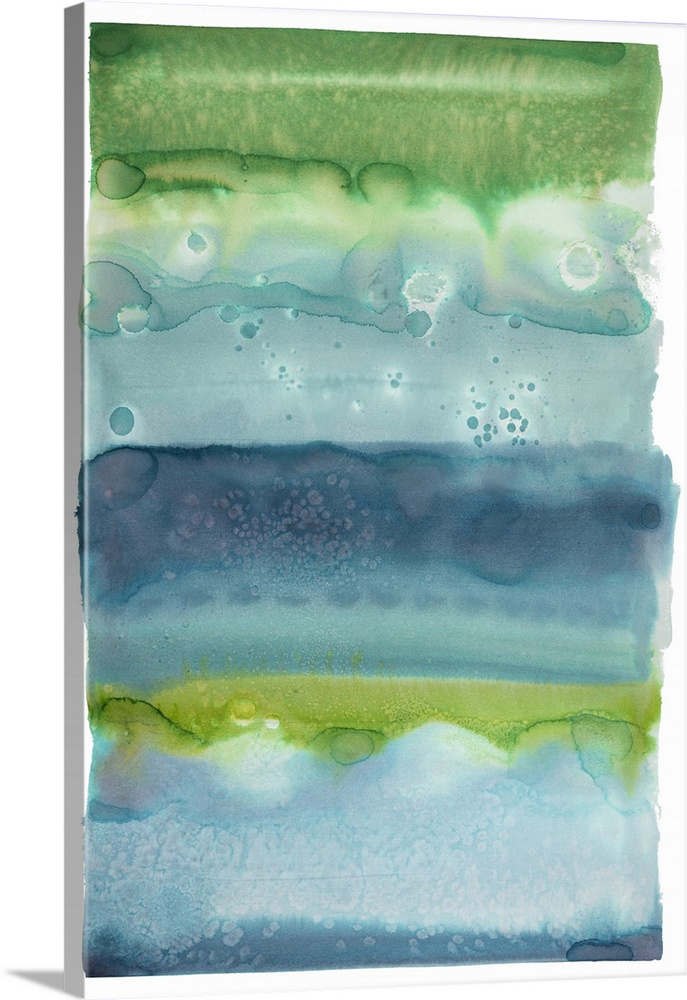 Blue and green watercolor painting created in layered horizontal sections on a white background.