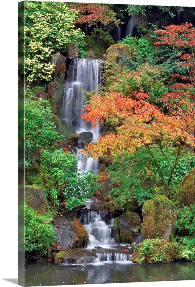Photograph of waterfall surrounded by autumn trees.