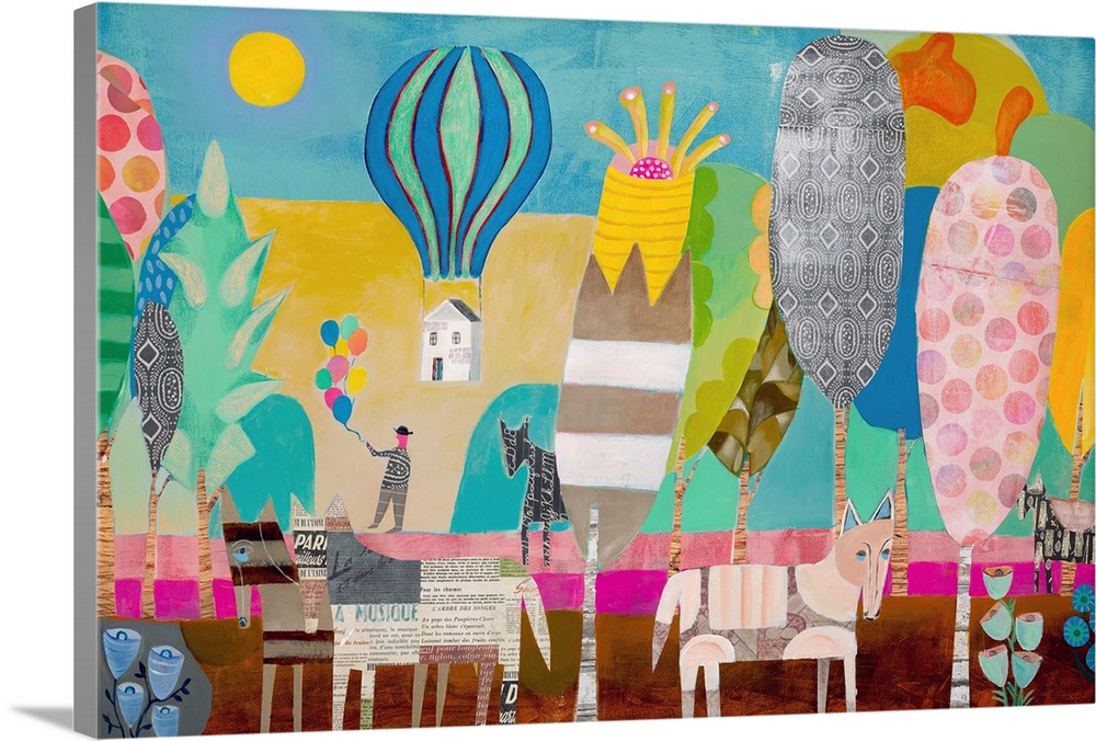 Whimsical collage art perfect for a child's room or nursery.