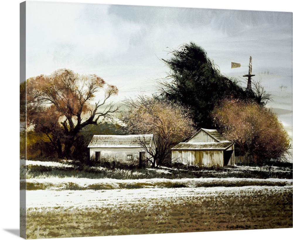 Contemporary painting of a rural landscape with white barns and a snow covered field.