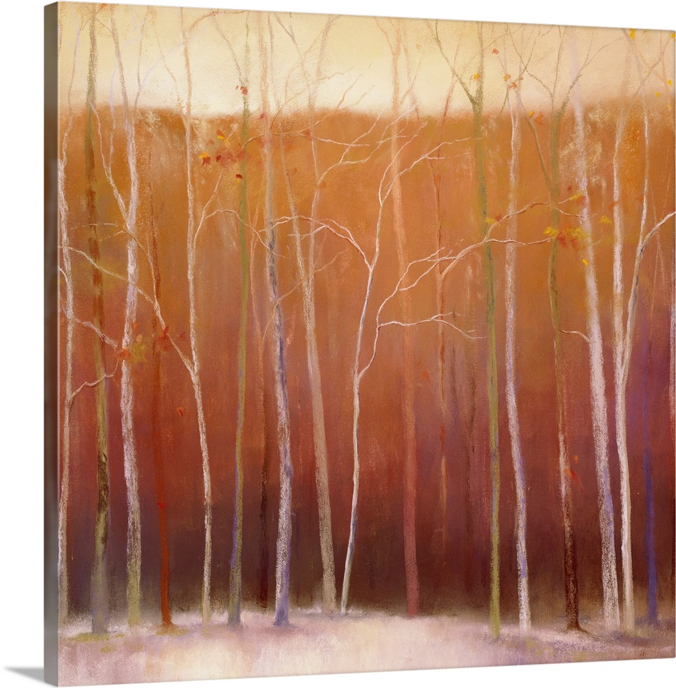 Square painting on canvas of bare trees in winter.
