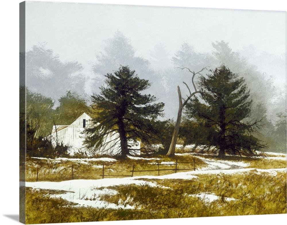 Contemporary painting of a white barn on the countryside with remnants of snow on the ground.