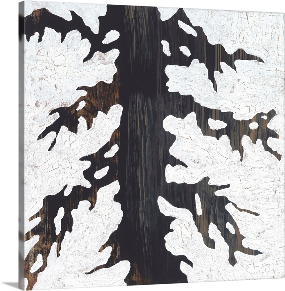 A contemporary abstract painting using wood tones in the formation of a tree with spindly branches against an off-white ba...