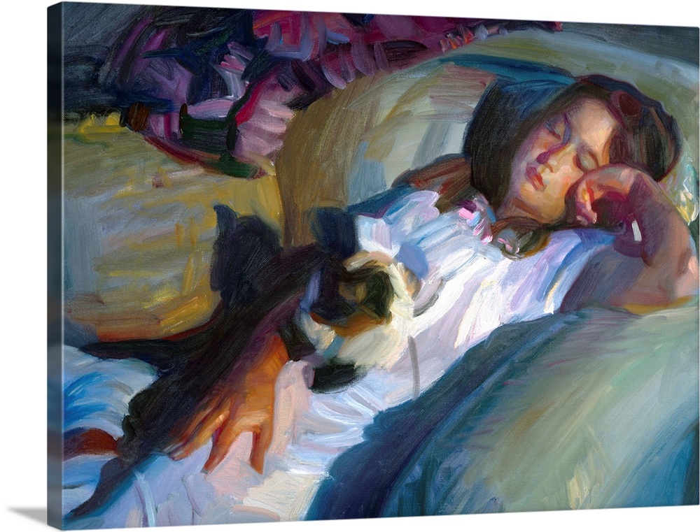 A contemporary painting of a young girl asleep on a chair with a cat napping her lap.