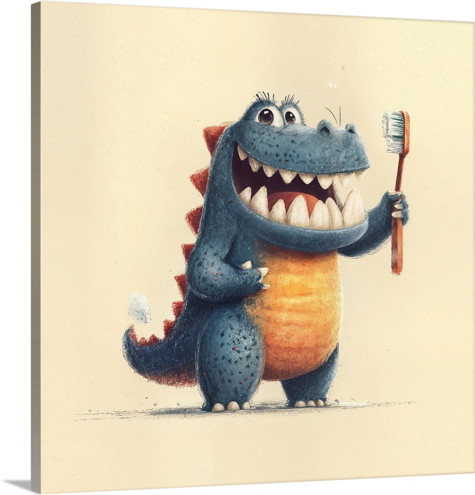 illustrated colored penicil drawing, pixar, simple, flat, fun colorful design for a theme. happy cartoon dinosaur brushing...