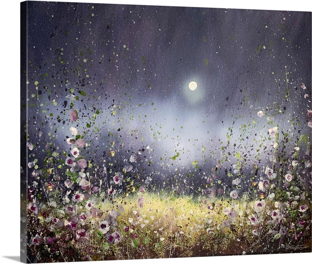 A transitional style painting of sparse wildflowers under a night sky with a full moon. Painted in a romantic and feminine...