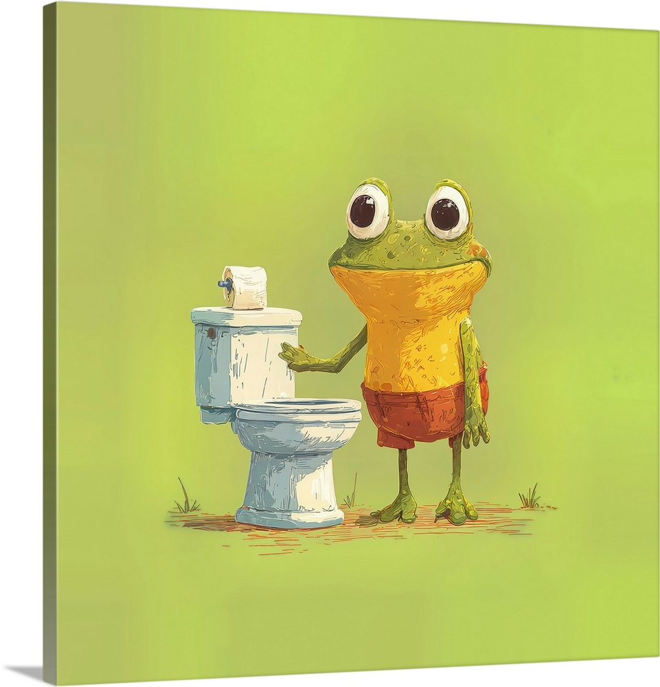 illustrated colored penicil drawing, pixar, simple, flat, fun colorful design for a theme. happy cartoon frog standing nex...