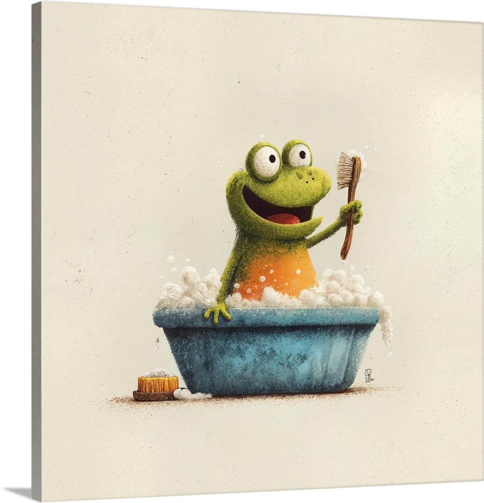 illustrated colored penicil drawing, pixar, simple, flat, fun colorful design for a theme. happy cartoon frog taking a bat...