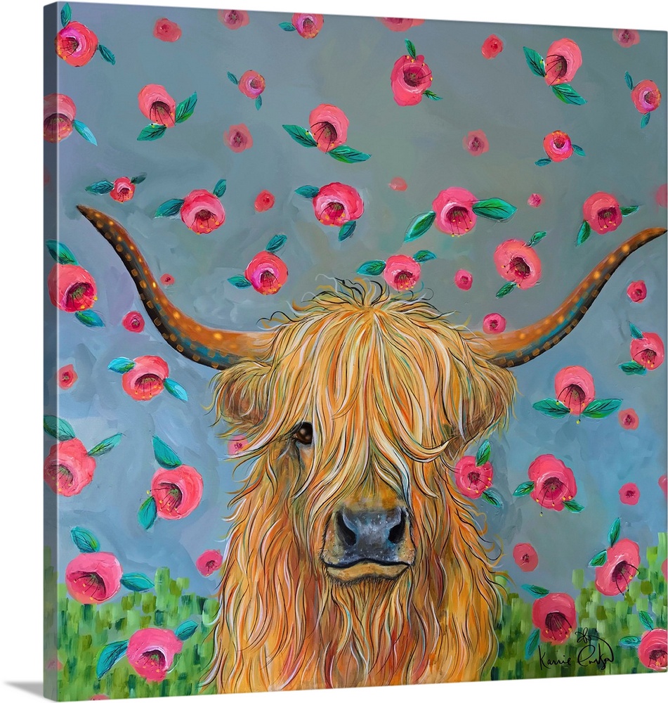 Highland Cow With Flowers