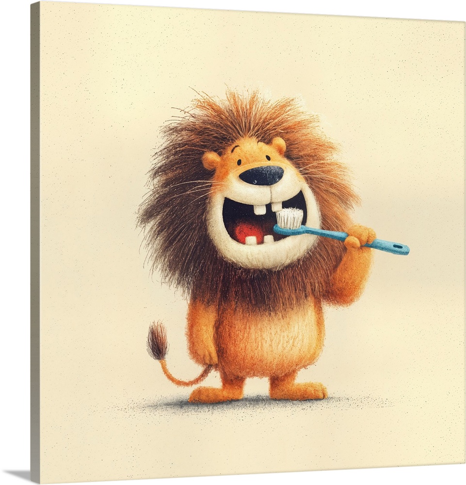 illustrated colored penicil drawing, pixar, simple, flat, fun colorful design for a theme. happy cartoon lion brushing his...