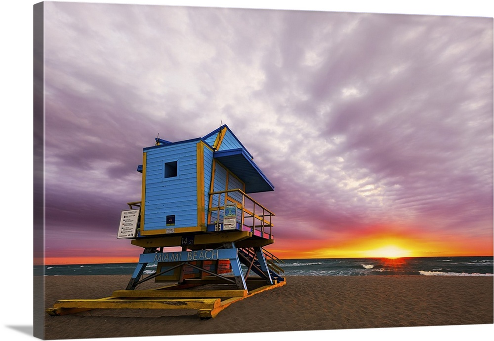 Miami Beach's 14th Street Lifeguard station faces sunrise over the Atlantic Ocean.