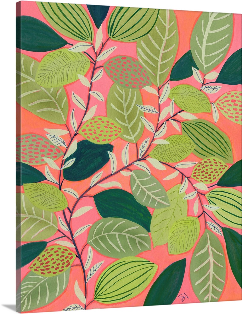 A sweet contemporary painting of sprigs of green leaves against a coral background, suitable for a spring theme or tropica...