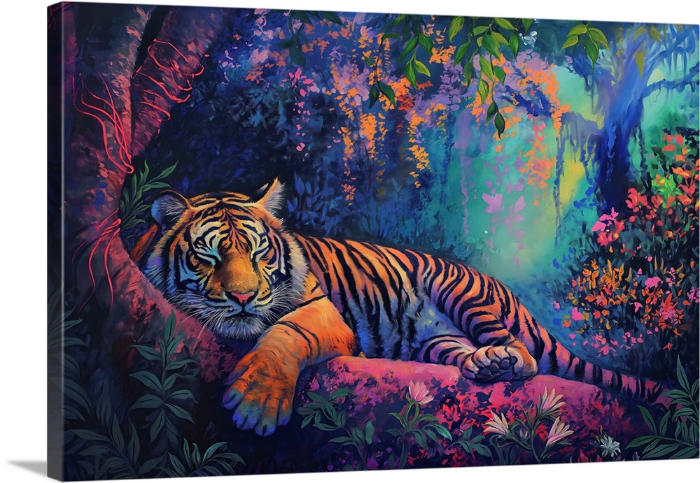 Sleeping Tiger On A Neon Jungle Tree