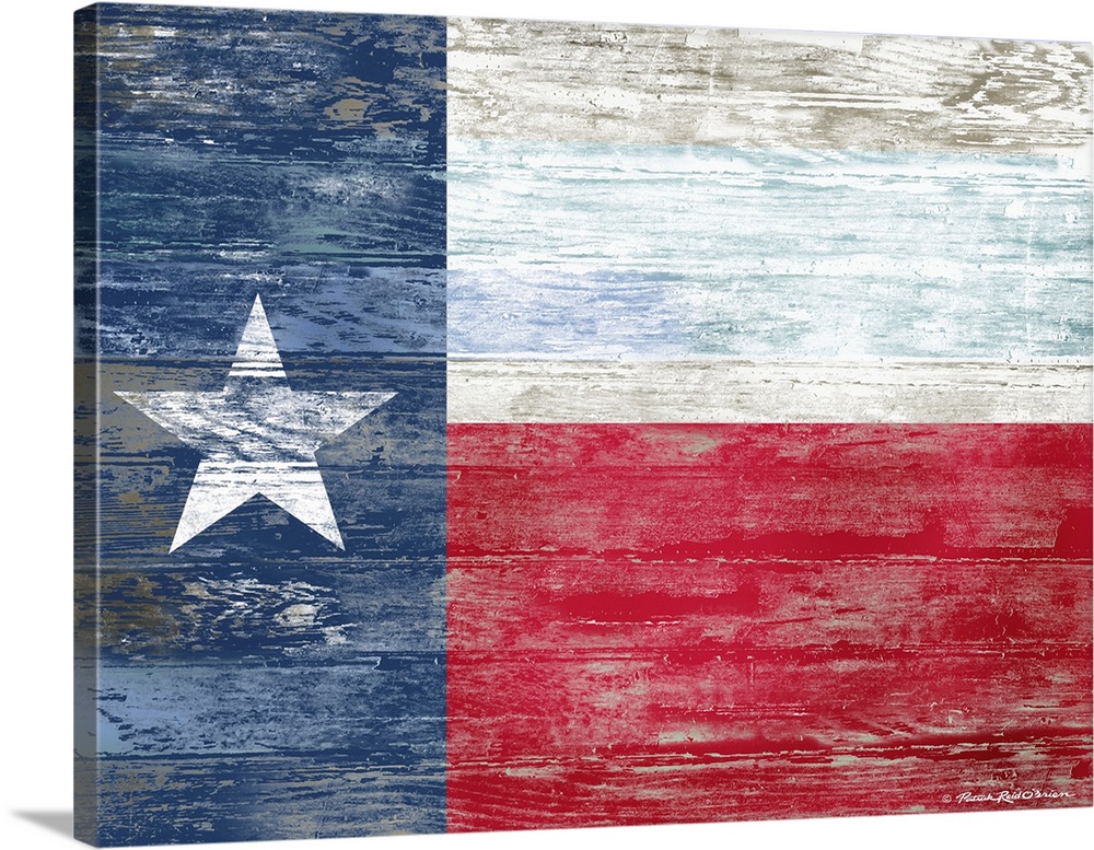 A rustic, retro style image of the flag of the state of Texas on a wood board background