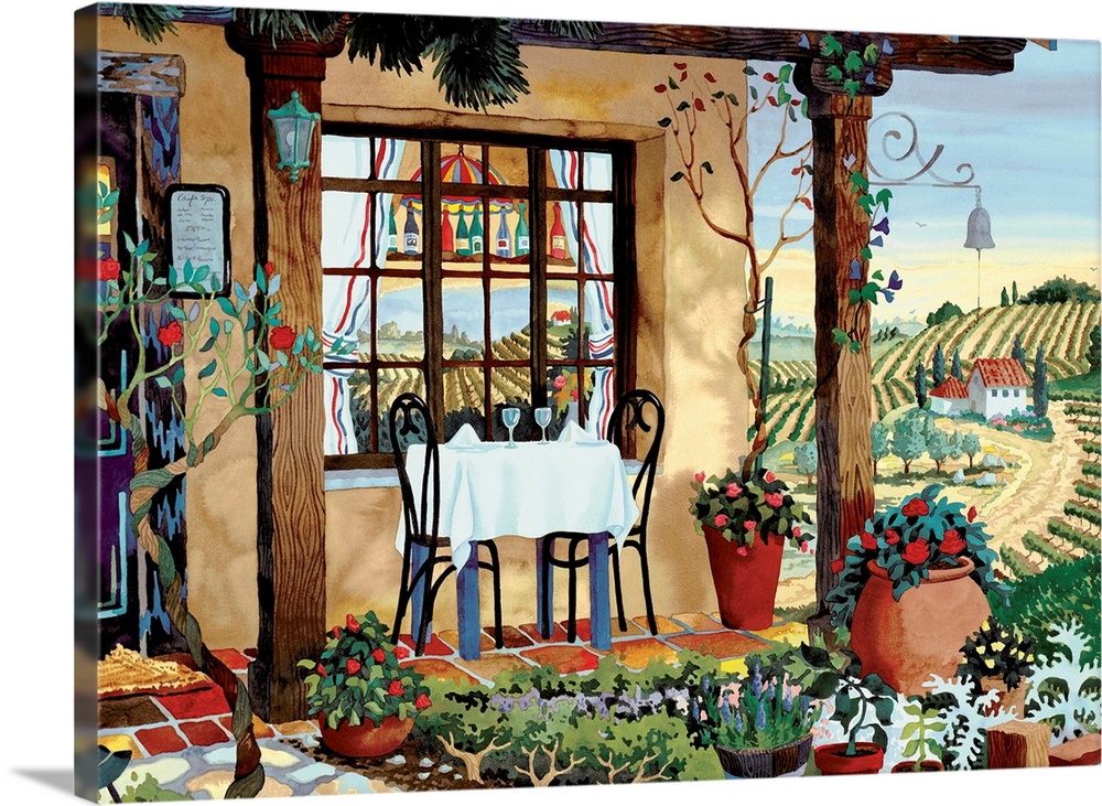 Large canvas painting of a vineyard with a small restaurant in the foreground and a flower garden.