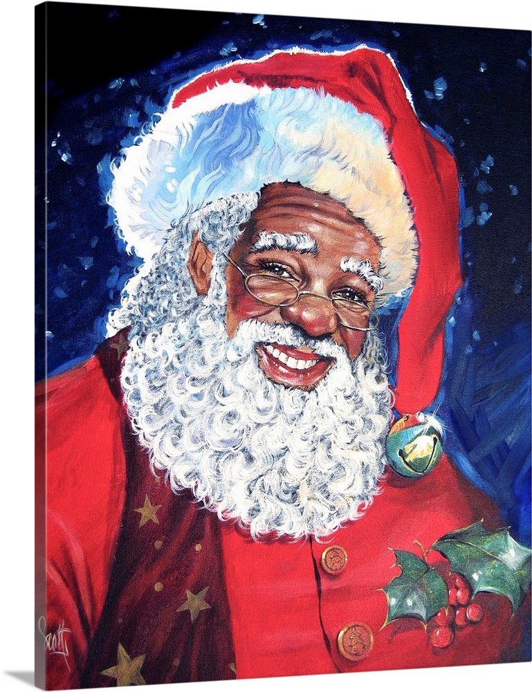A jolly portrait of a dark skinned Father Christmas in a traditional style.