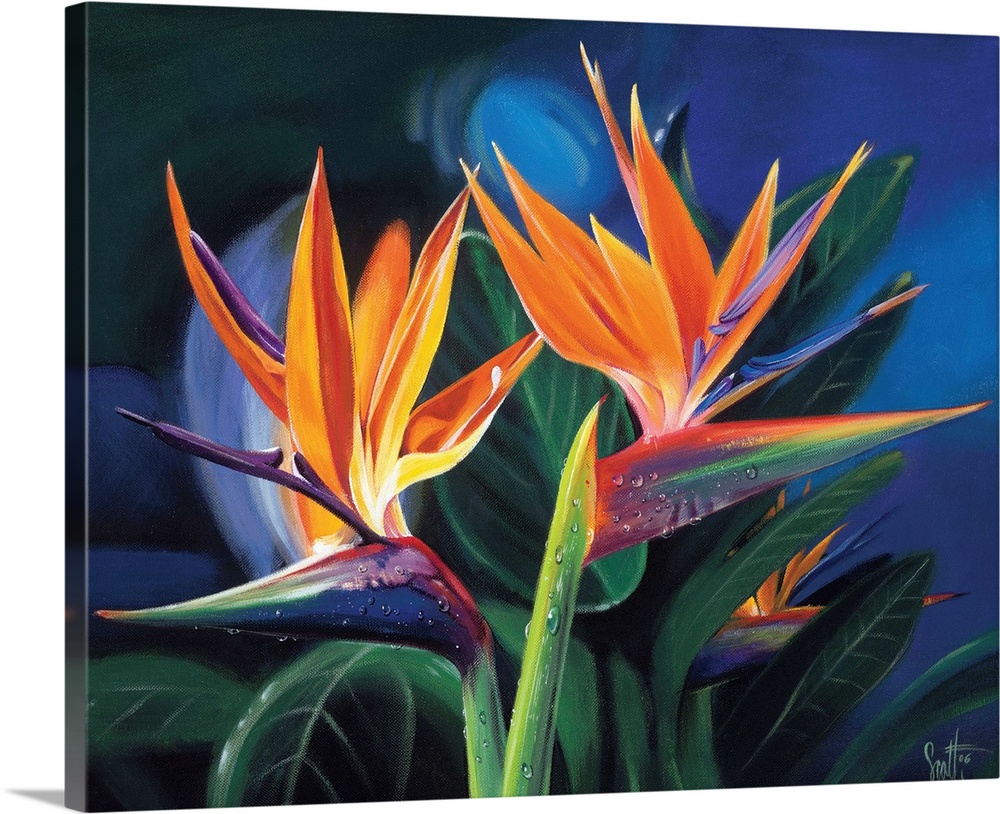 Wall docor of tropical flowers with vegetation in the background on canvas.