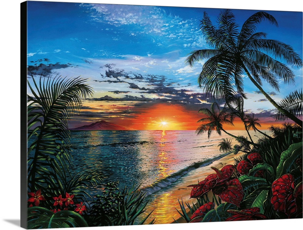 This contemporary painting shows a sunset far off in the distance with palm trees and other wild plants in the foreground.