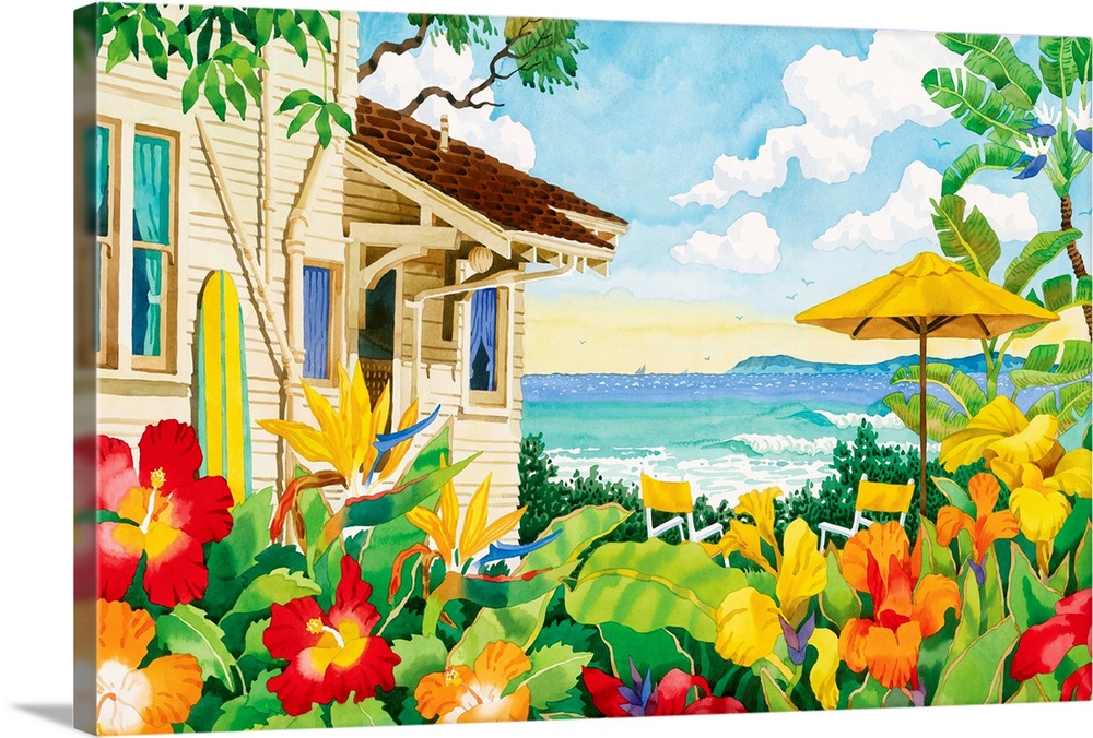Huge contemporary art focuses on a beachside house surrounded by beautiful groups of boldly colored flowers, a surfboard l...