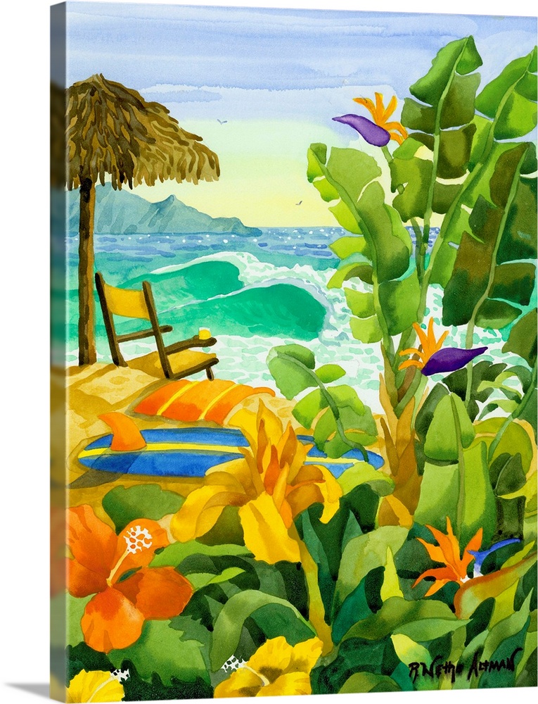 Tropical vegetation is painted in the foreground of this picture with a beach umbrella, chair, towel and surfboard laying ...